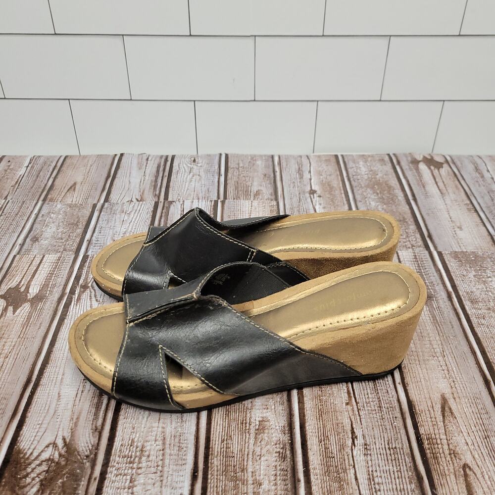 Comfort Plus Women’s Size 9 Black Wedge Sandals Gold Sole Slip On